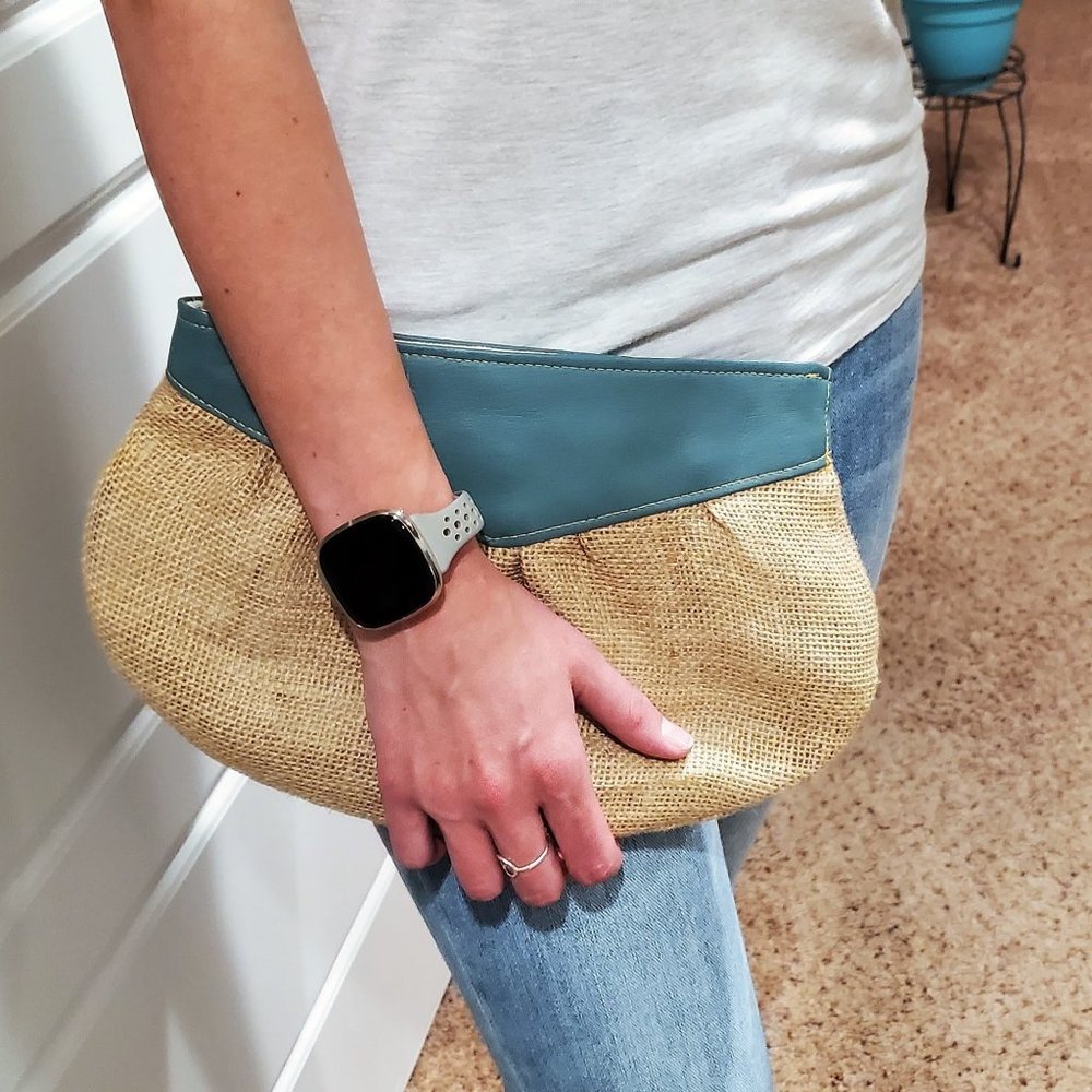 Like New, Never Used - Rachel Elise Burlap and Teal Faux Leather Clutch